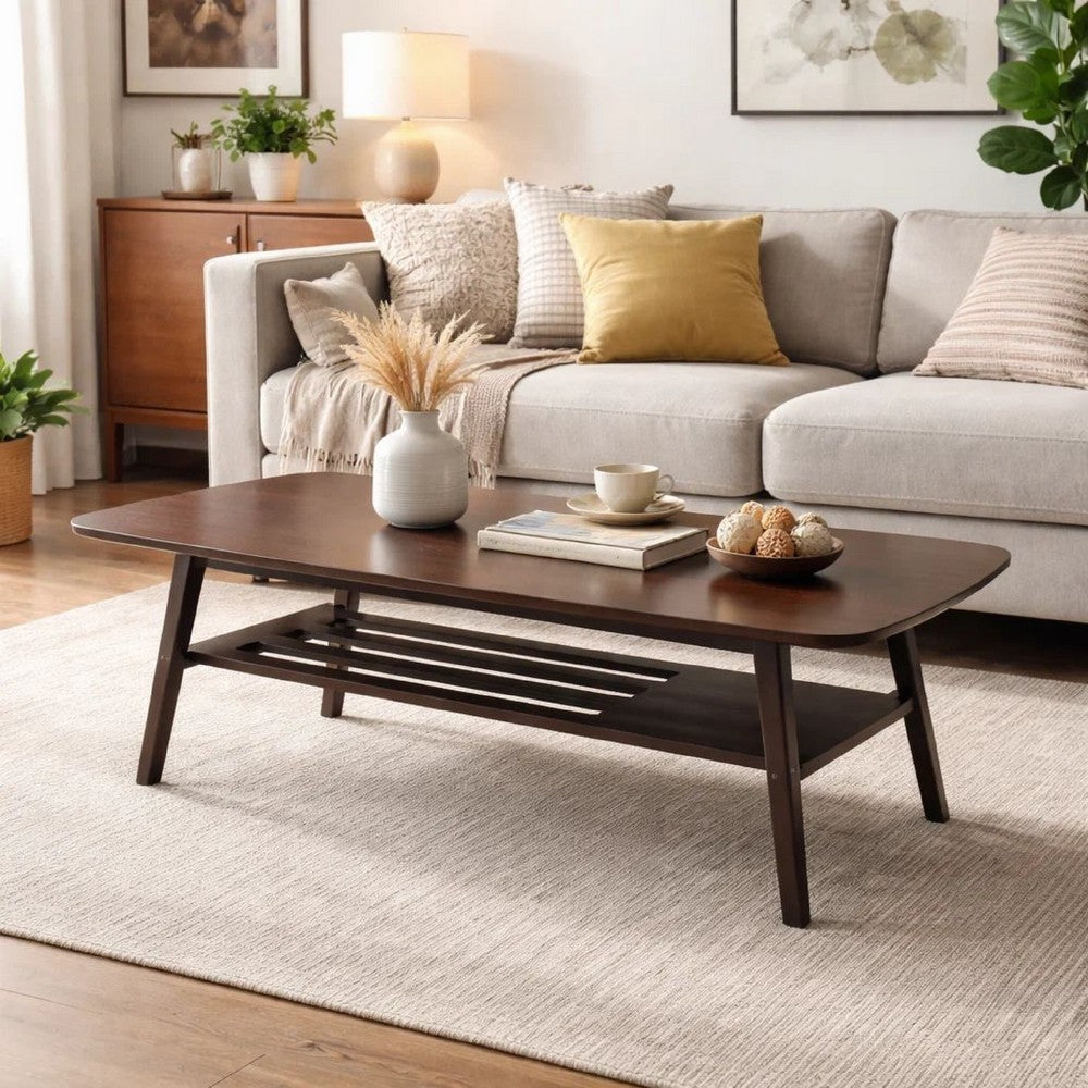 Gala 47 Inch Modern Wood Coffee Table with Bottom Shelf, Espresso Brown - BM293965