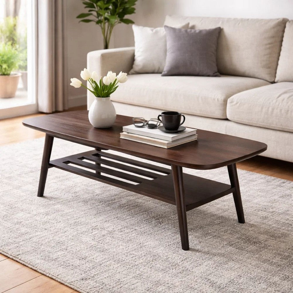 Gala 47 Inch Modern Wood Coffee Table with Bottom Shelf, Espresso Brown - BM293965