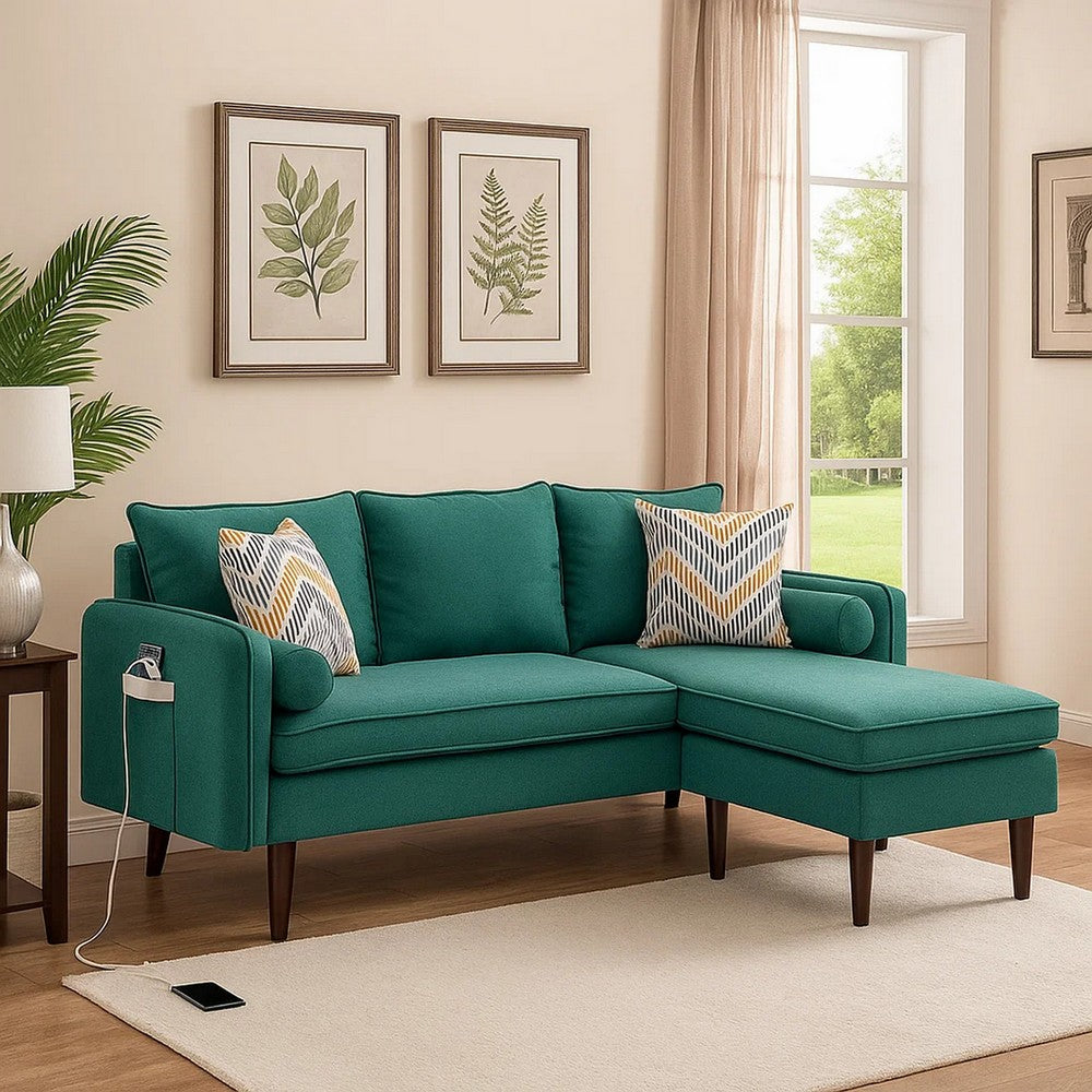 Ranon 70 Inch Sectional Chaise Sofa, Pillows, USB Ports, Side Pockets, Teal - BM293971