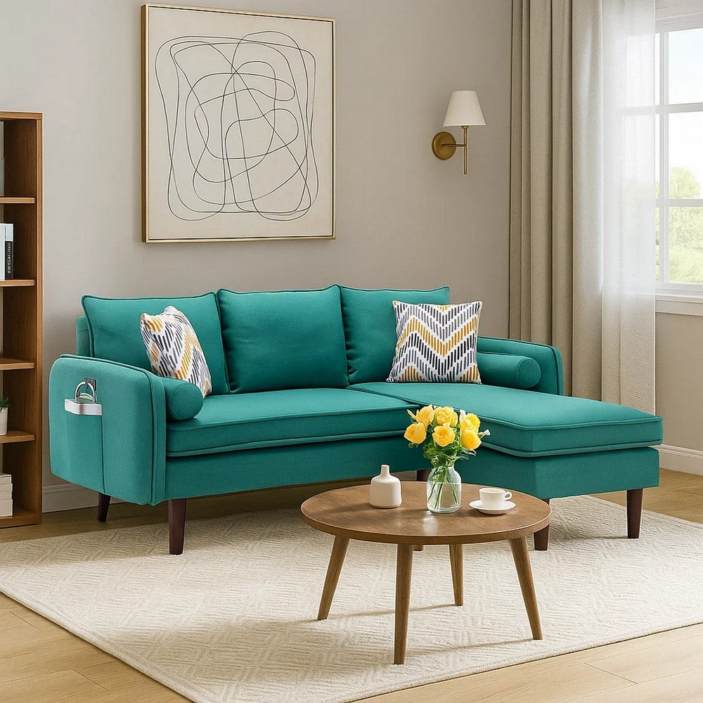 Ranon 70 Inch Sectional Chaise Sofa, Pillows, USB Ports, Side Pockets, Teal - BM293971
