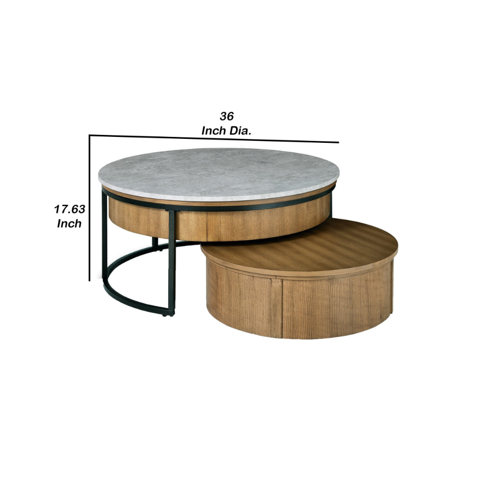 36 Inch 2 Piece Round Nesting Coffee Table, Lift Top Storage, Wheels, Brown - BM293991