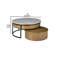 36 Inch 2 Piece Round Nesting Coffee Table, Lift Top Storage, Wheels, Brown - BM293991