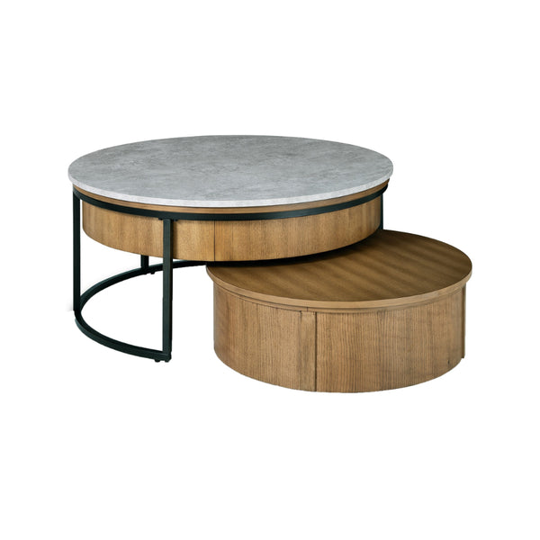 36 Inch 2 Piece Round Nesting Coffee Table, Lift Top Storage, Wheels, Brown - BM293991