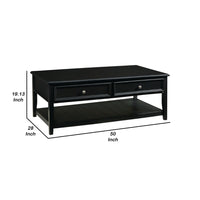 Billy 50 Inch Rectangular Coffee Table, 2 Drawers, Plank Style Shelf, Black - BM293994