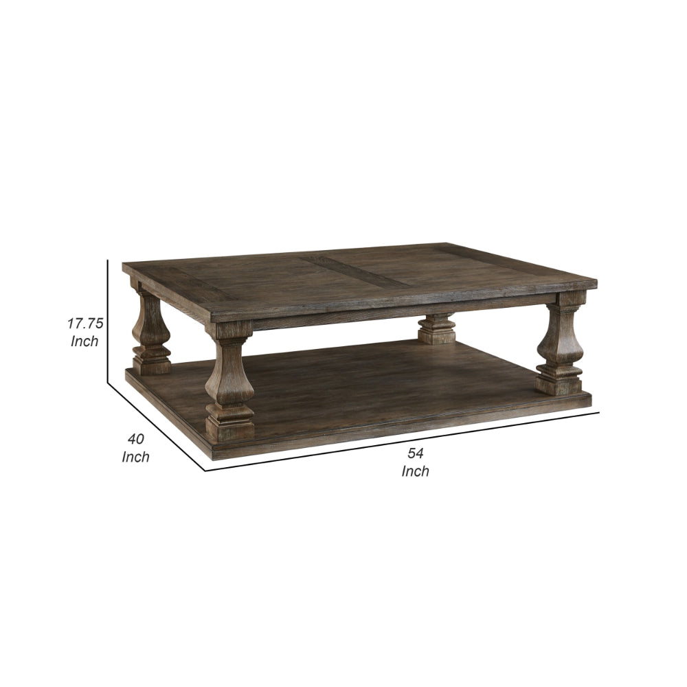 Classic 54 Inch Coffee Table, Baluster Legs, Spacious Top, Weathered Gray - BM294074