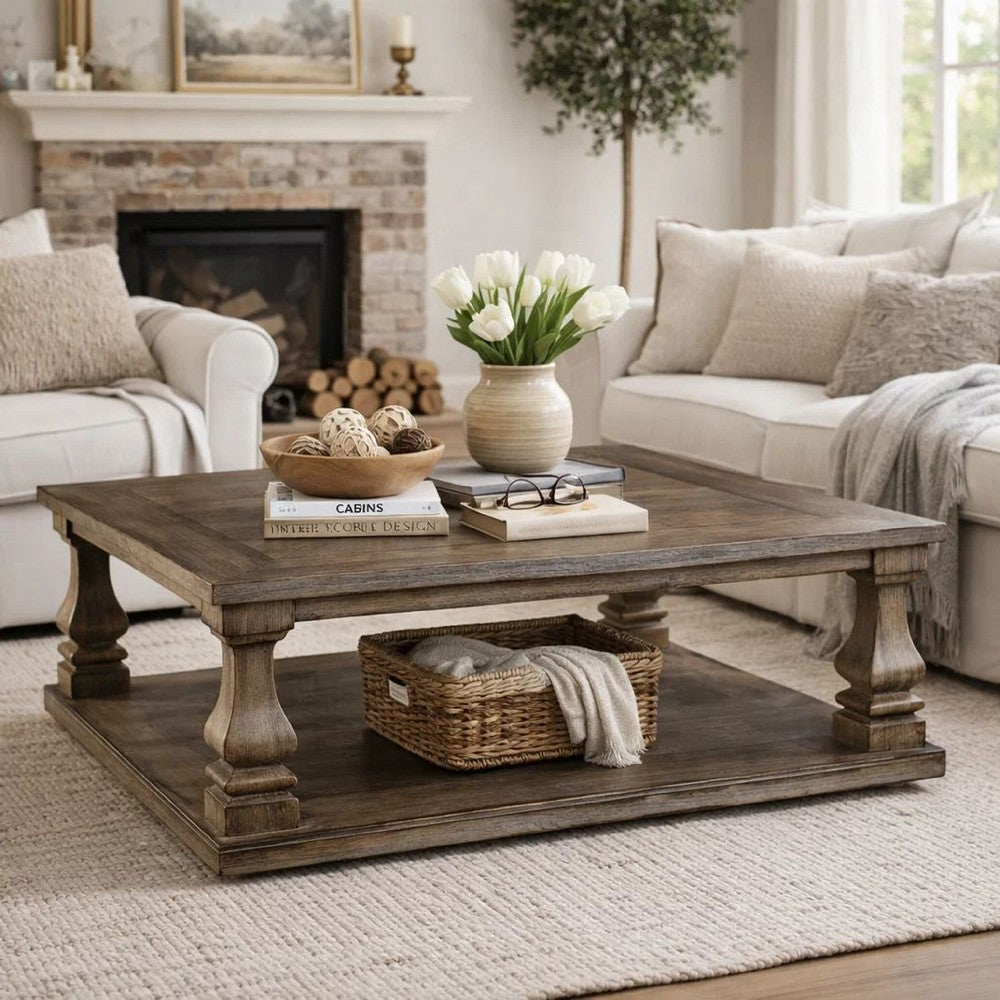 Classic 54 Inch Coffee Table, Baluster Legs, Spacious Top, Weathered Gray - BM294074