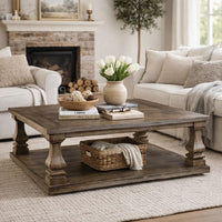 Classic 54 Inch Coffee Table, Baluster Legs, Spacious Top, Weathered Gray - BM294074