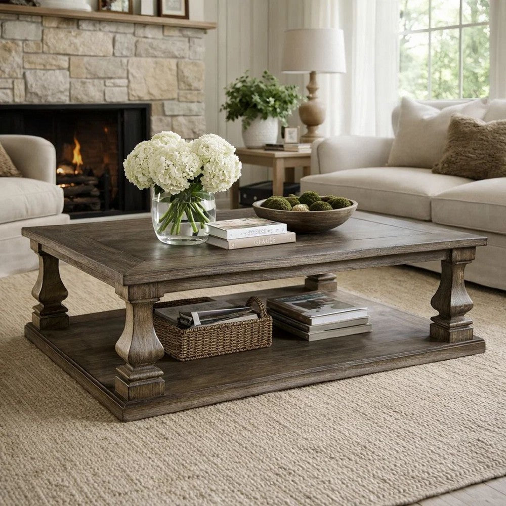 Classic 54 Inch Coffee Table, Baluster Legs, Spacious Top, Weathered Gray - BM294074