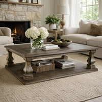 Classic 54 Inch Coffee Table, Baluster Legs, Spacious Top, Weathered Gray - BM294074