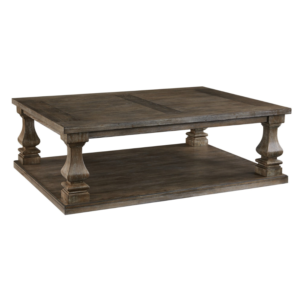 Classic 54 Inch Coffee Table, Baluster Legs, Spacious Top, Weathered Gray - BM294074