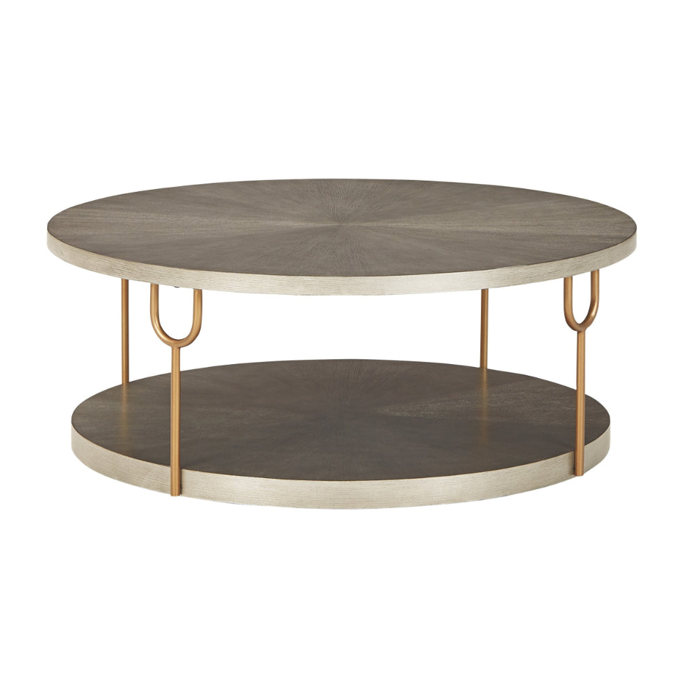 Modern 42 Inch Coffee Table, Ash Veneer, Metal Frame and Wheels, Gold, Gray - BM294084