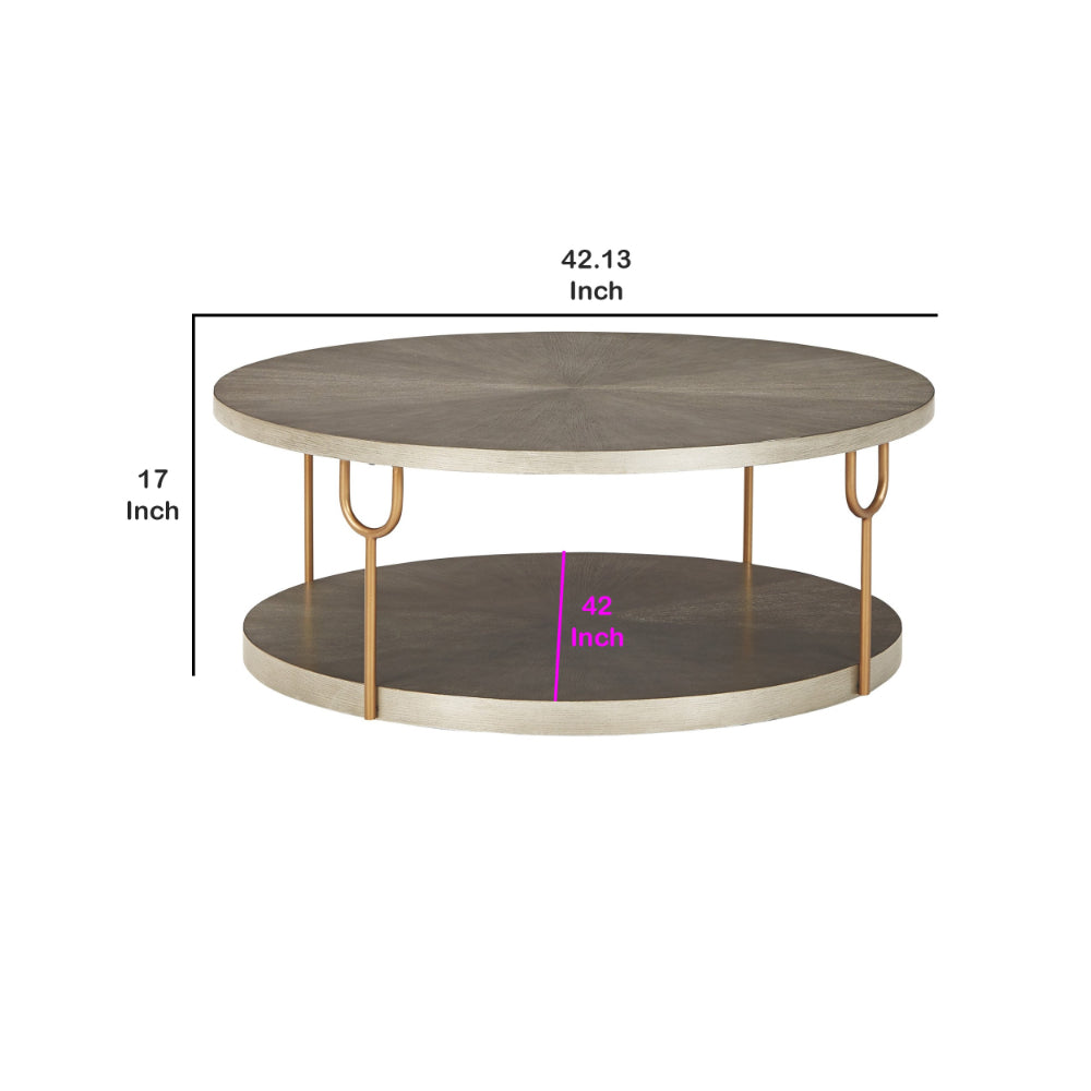 Modern 42 Inch Coffee Table, Ash Veneer, Metal Frame and Wheels, Gold, Gray - BM294084