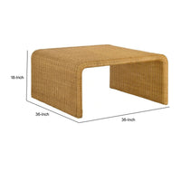 36 Inch Square Rattan Coffee Table, Waterfall Edges, Natural Textured Brown  - BM294123