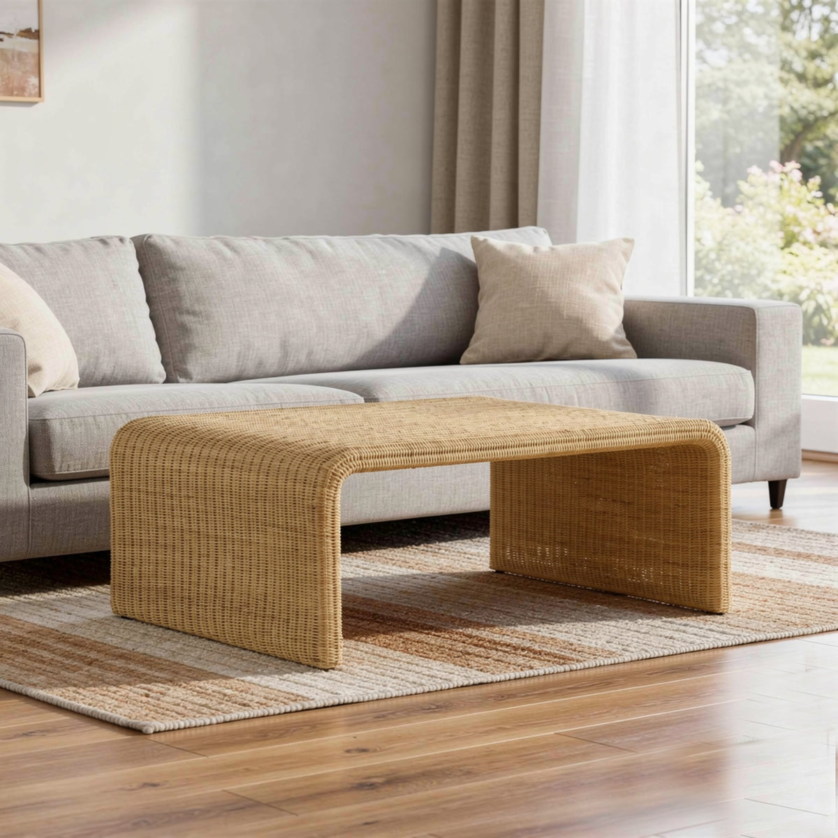 36 Inch Square Rattan Coffee Table, Waterfall Edges, Natural Textured Brown  - BM294123