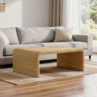 36 Inch Square Rattan Coffee Table, Waterfall Edges, Natural Textured Brown  - BM294123
