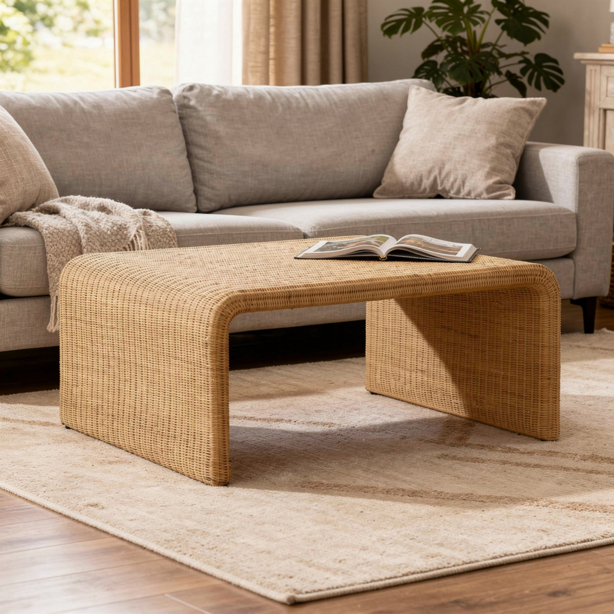 36 Inch Square Rattan Coffee Table, Waterfall Edges, Natural Textured Brown  - BM294123