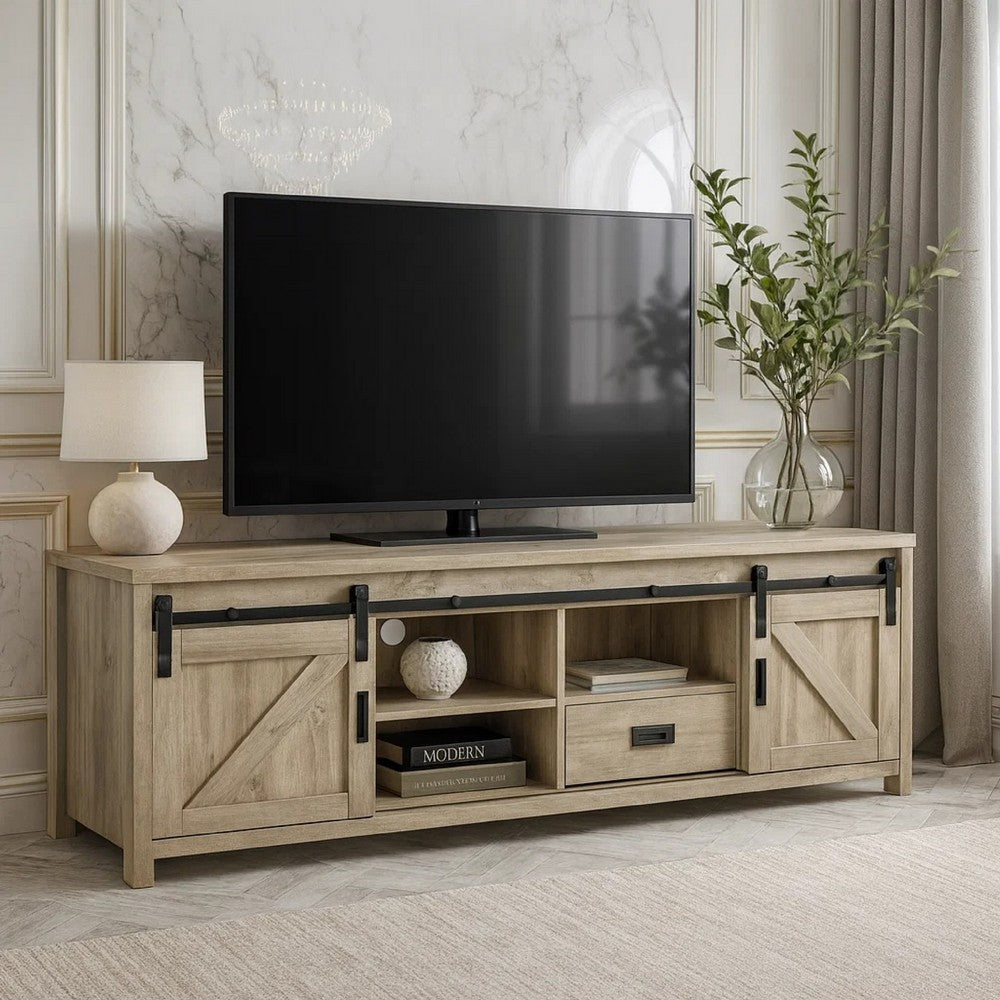 Sem 79 Inch TV Media Entertainment Console, Sliding Doors, 2 Drawers, Brown - BM294127