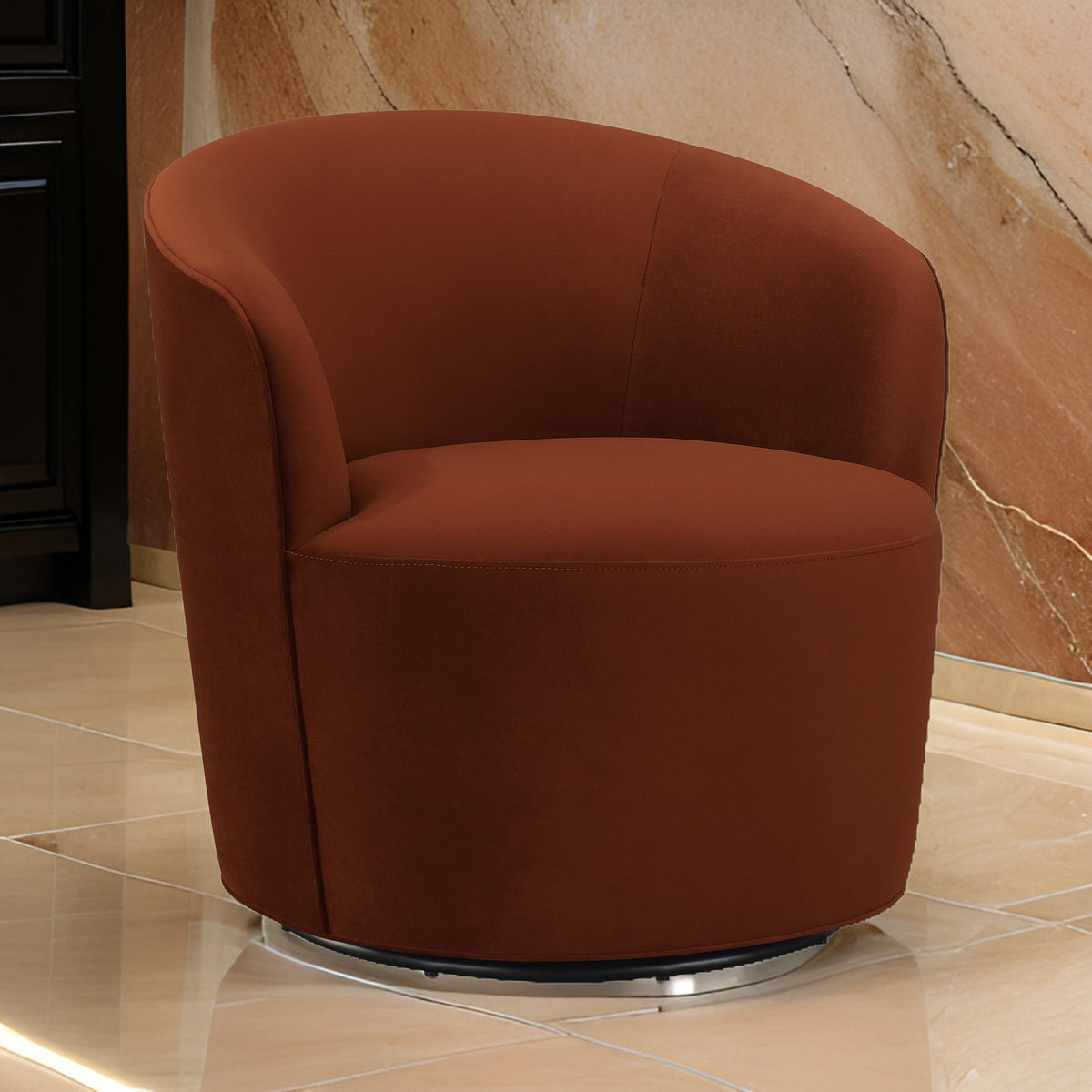 30 Inch Swivel Accent Chair, Padded Barrel Style, Burnished Orange Velvet - BM294138