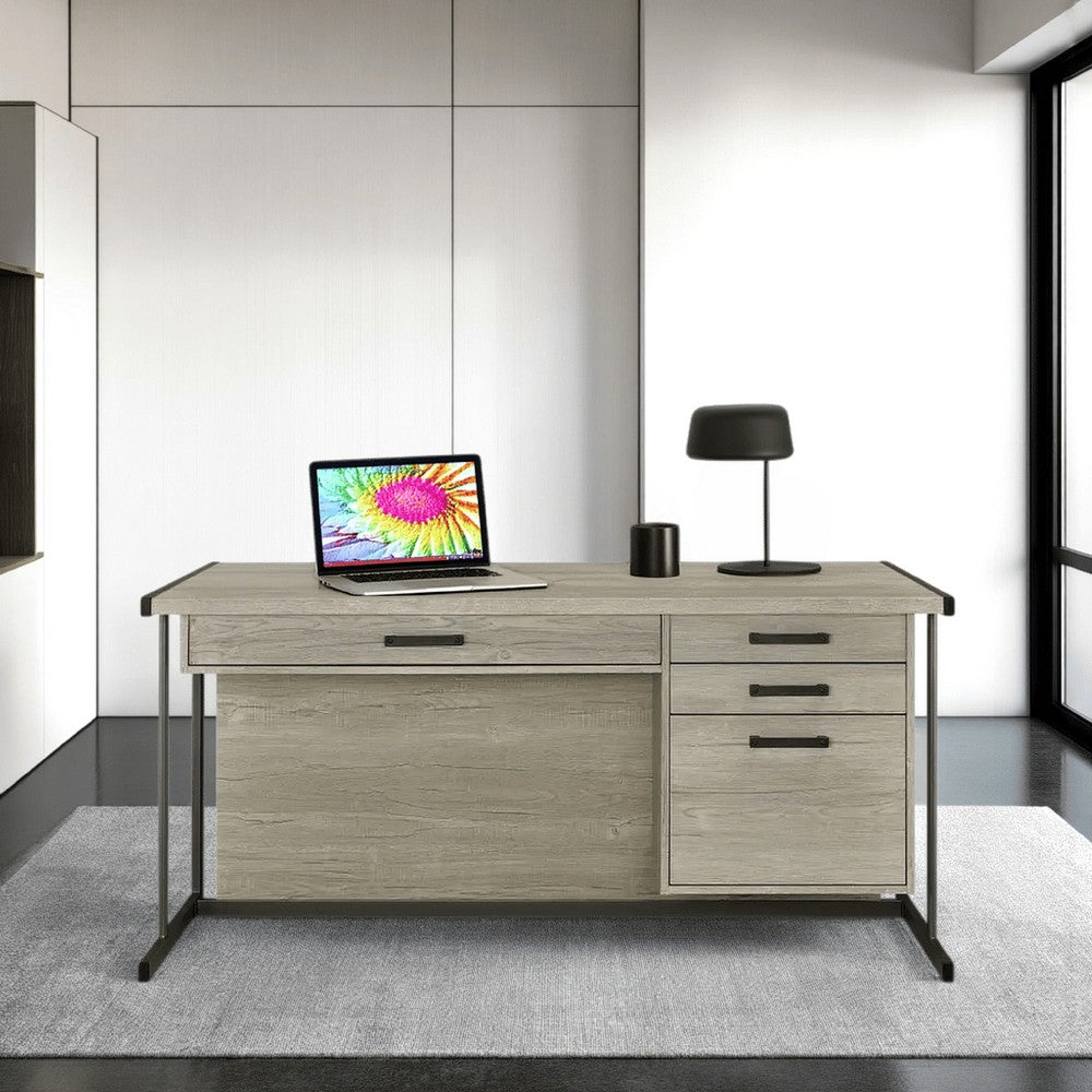 60 Inch 4 Drawer Rectangular Office Desk, Metal Sled Base, Whitewashed Gray - BM294149