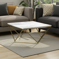 36 Inch Modern Square Coffee Table, White Faux Marble Top, Slender Gold Base - BM294154