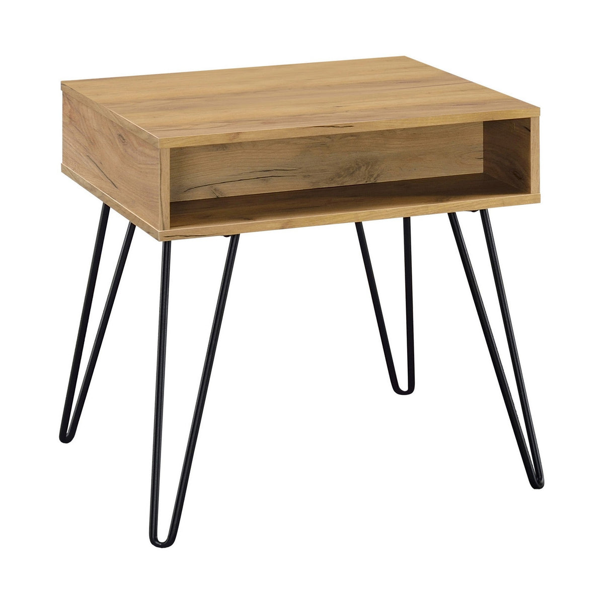 24 Inch Modern Side End Table, Golden Oak Wood, Black Metal Hairpin Legs-BM294161