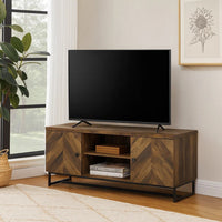 60 Inch TV Media Console Cabinet, 2 Herringbone Doors, Rustic Brown Wood - BM294186