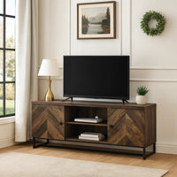 60 Inch TV Media Console Cabinet, 2 Herringbone Doors, Rustic Brown Wood - BM294186