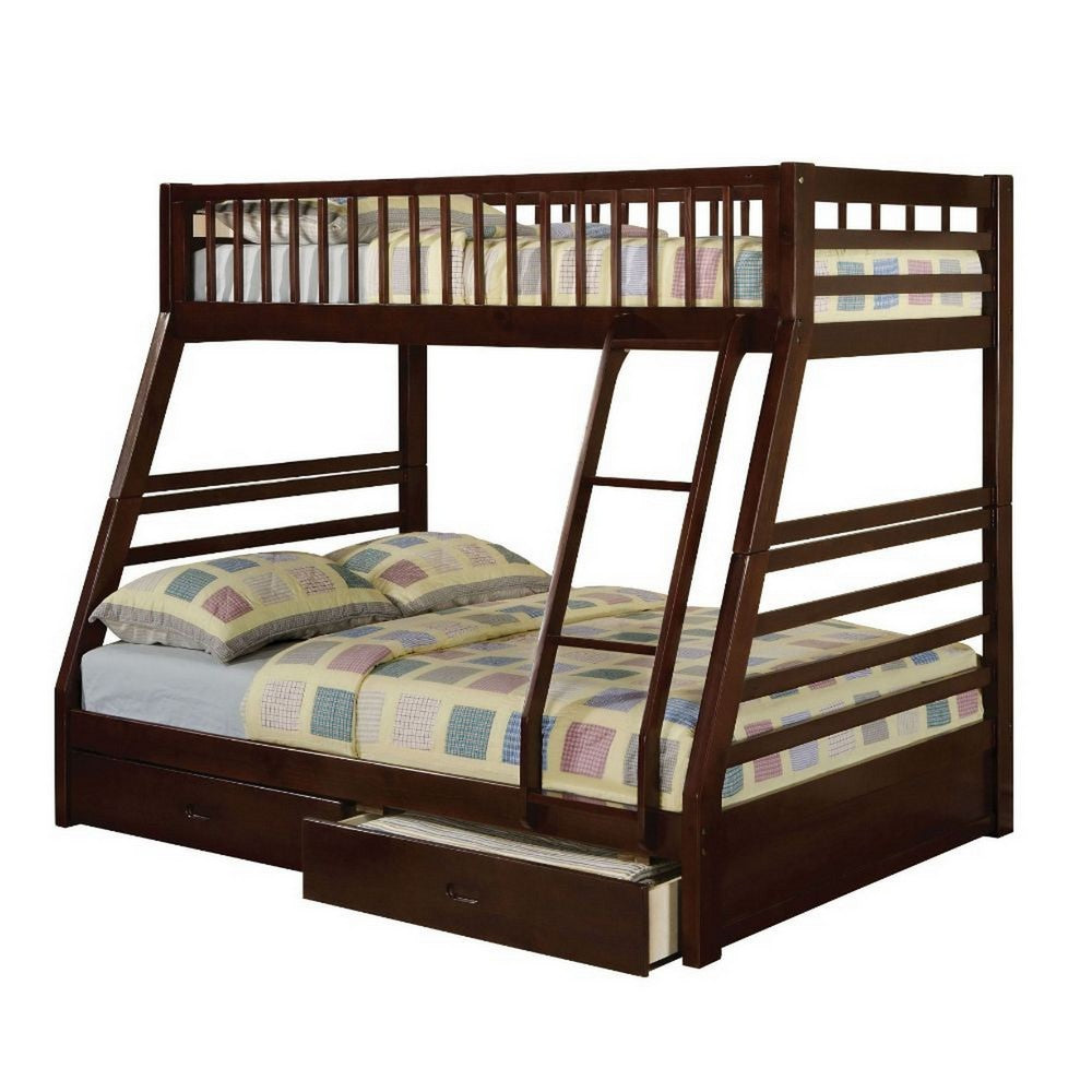 Cleo Twin Over Full Bunk Bed, Espresso Brown Pine Wood, Slatted Design - BM294212
