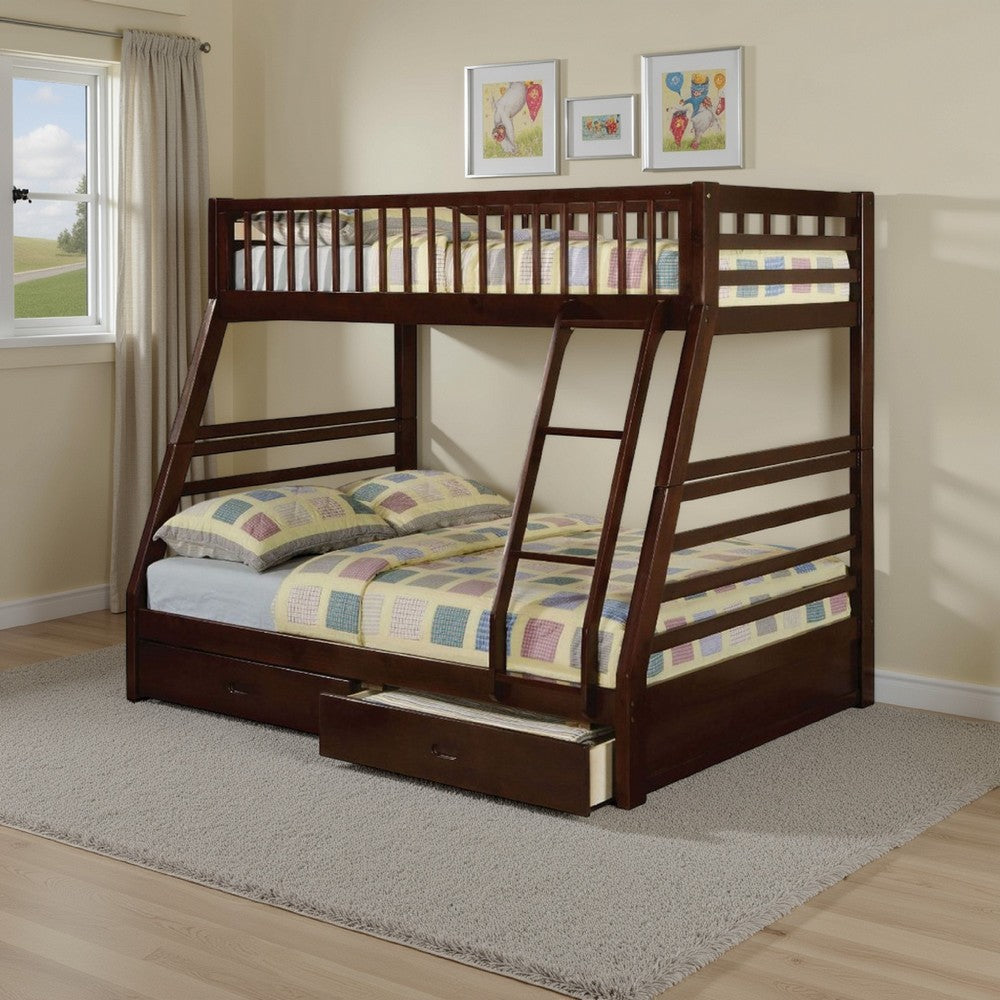 Cleo Twin Over Full Bunk Bed, Espresso Brown Pine Wood, Slatted Design - BM294212