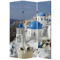 71 Inch Folding Screen Room Divider, Two Sided Grecian Skyline Design - BM294231