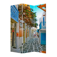 71 Inch Folding Screen Room Divider, Two Sided Grecian Skyline Design - BM294231