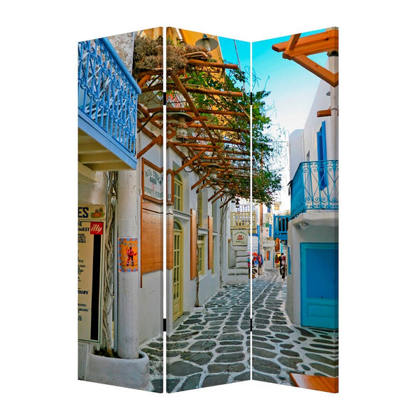 71 Inch Folding Screen Room Divider, Two Sided Grecian Skyline Design - BM294231