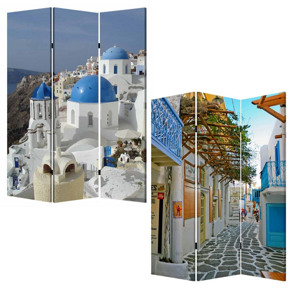 71 Inch Folding Screen Room Divider, Two Sided Grecian Skyline Design - BM294231