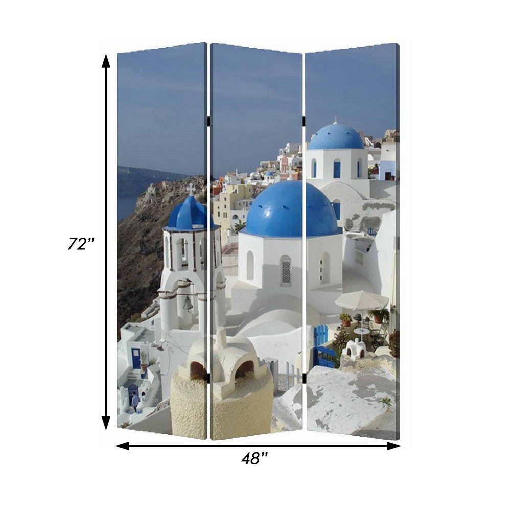 71 Inch Folding Screen Room Divider, Two Sided Grecian Skyline Design - BM294231