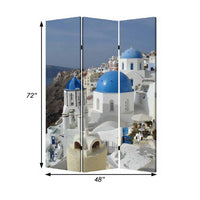 71 Inch Folding Screen Room Divider, Two Sided Grecian Skyline Design - BM294231
