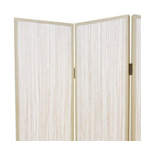 71 Inch Folding Screen Room Divider, 3 Textured Panels, Gray Leather Trim - BM294232