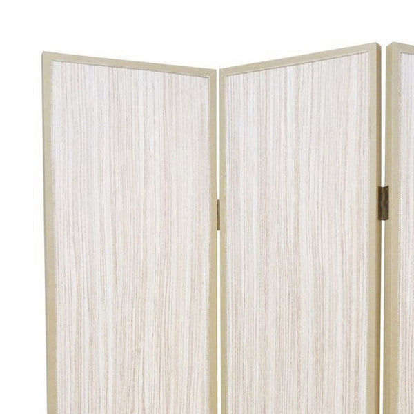 71 Inch Folding Screen Room Divider, 3 Textured Panels, Gray Leather Trim - BM294232