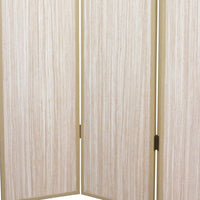 71 Inch Folding Screen Room Divider, 3 Textured Panels, Gray Leather Trim - BM294232