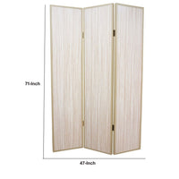 71 Inch Folding Screen Room Divider, 3 Textured Panels, Gray Leather Trim - BM294232