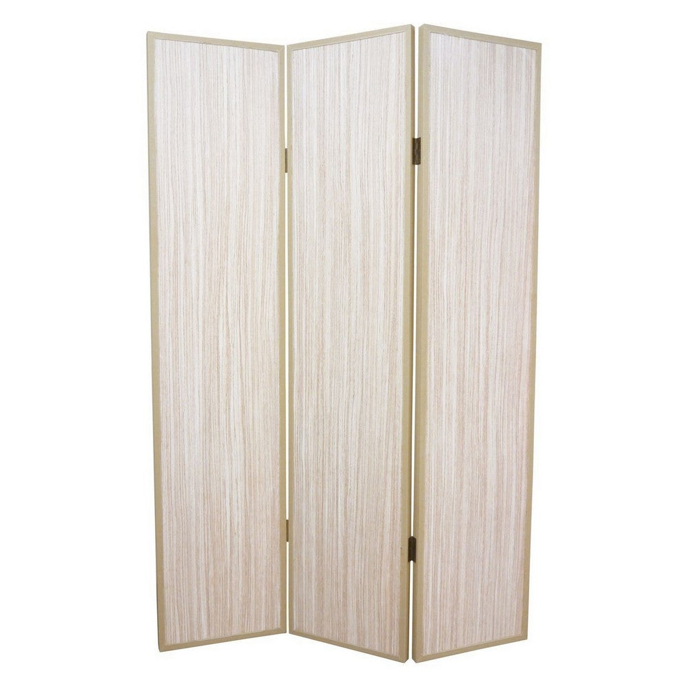 71 Inch Folding Screen Room Divider, 3 Textured Panels, Gray Leather Trim - BM294232