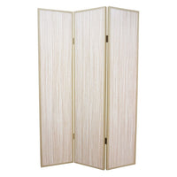 71 Inch Folding Screen Room Divider, 3 Textured Panels, Gray Leather Trim - BM294232
