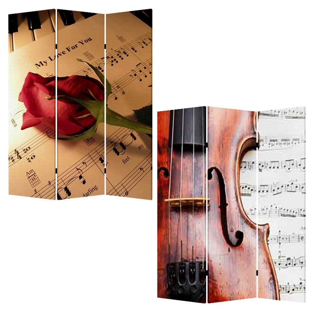 Liva 71 Inch Modern Folding Screen Room Divider, Rose and Sheet Music - BM294233