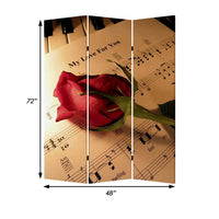 Liva 71 Inch Modern Folding Screen Room Divider, Rose and Sheet Music - BM294233