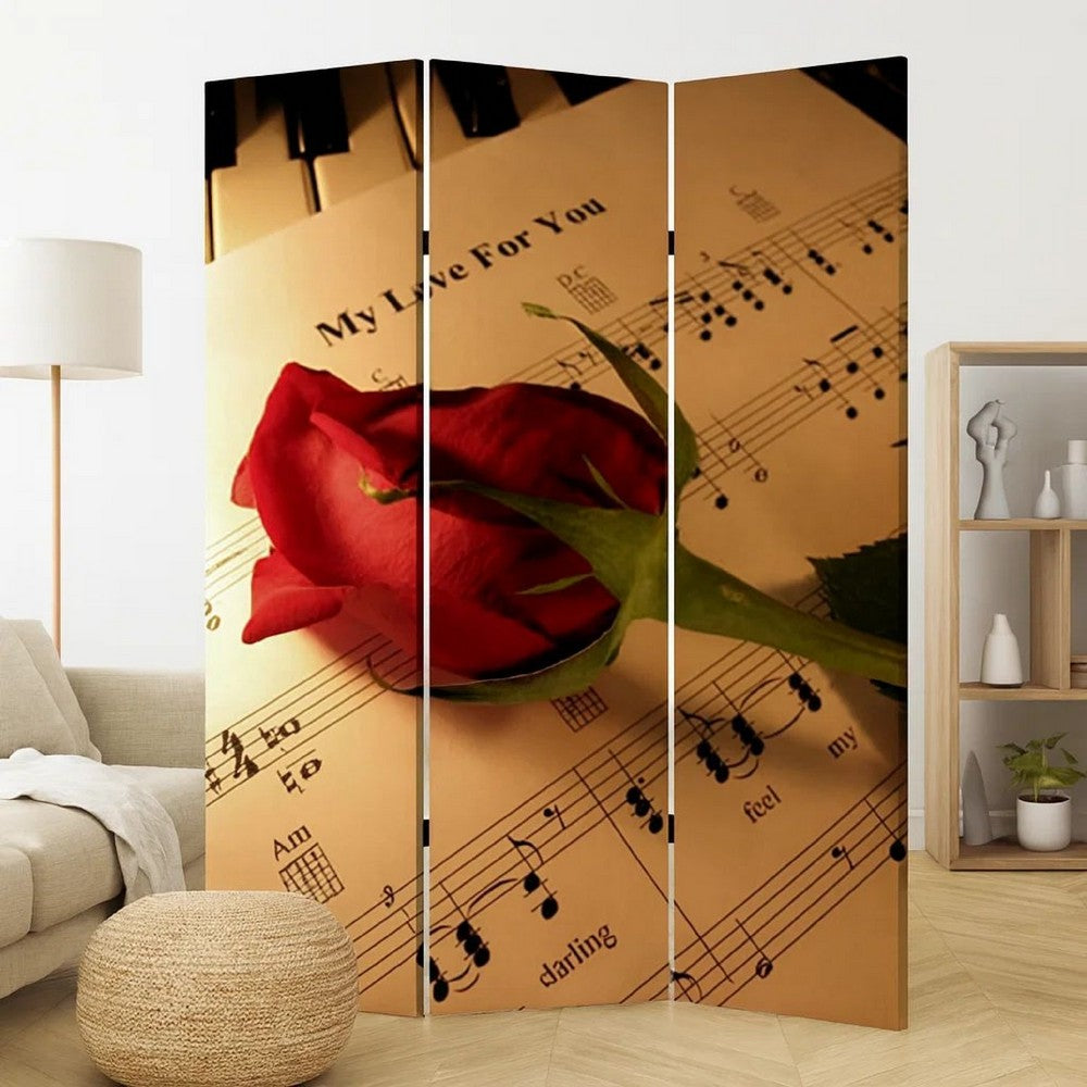 Liva 71 Inch Modern Folding Screen Room Divider, Rose and Sheet Music - BM294233