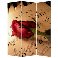 Liva 71 Inch Modern Folding Screen Room Divider, Rose and Sheet Music - BM294233