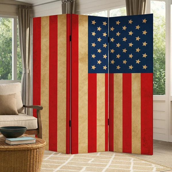 Alfie 71 Inch Folding Screen Room Divider, USA Stars and Stripes Design - BM294236