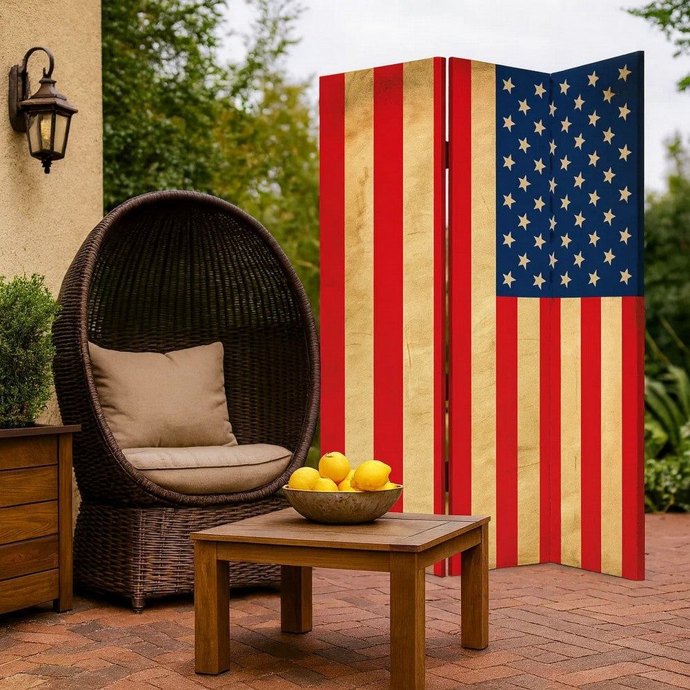 Alfie 71 Inch Folding Screen Room Divider, USA Stars and Stripes Design - BM294236