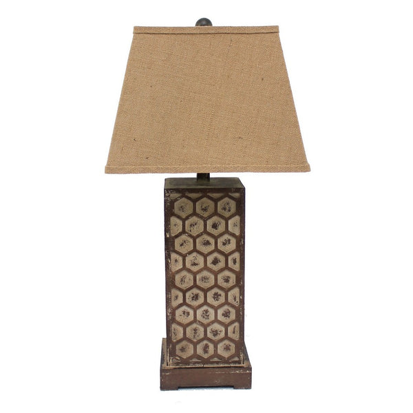 29 Inch Industrial Table Lamp, Linen Shade, Honeycombed Metal Base, Khaki - BM294240
