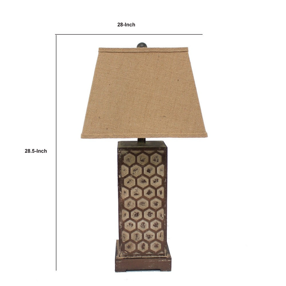 29 Inch Industrial Table Lamp, Linen Shade, Honeycombed Metal Base, Khaki - BM294240