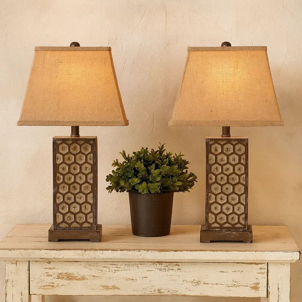 29 Inch Industrial Table Lamp, Linen Shade, Honeycombed Metal Base, Khaki - BM294240